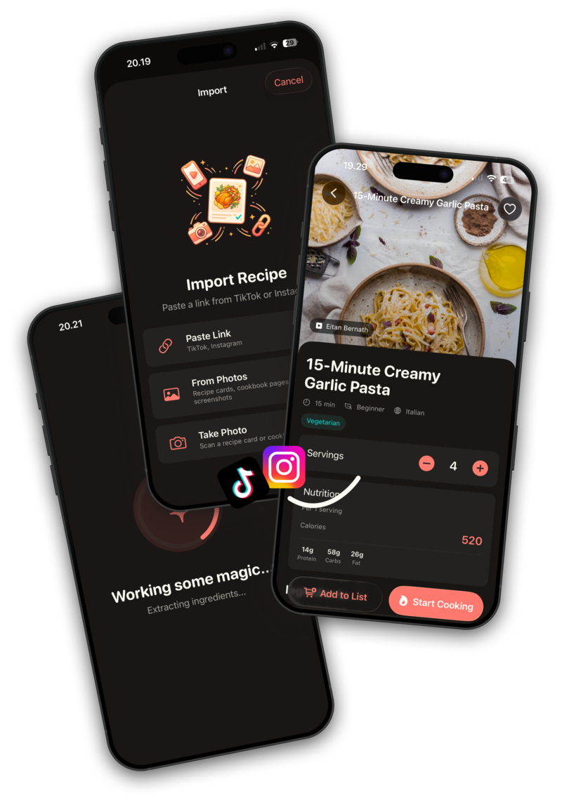 Garlic app screenshots showing recipe import, grocery list, and cooking mode